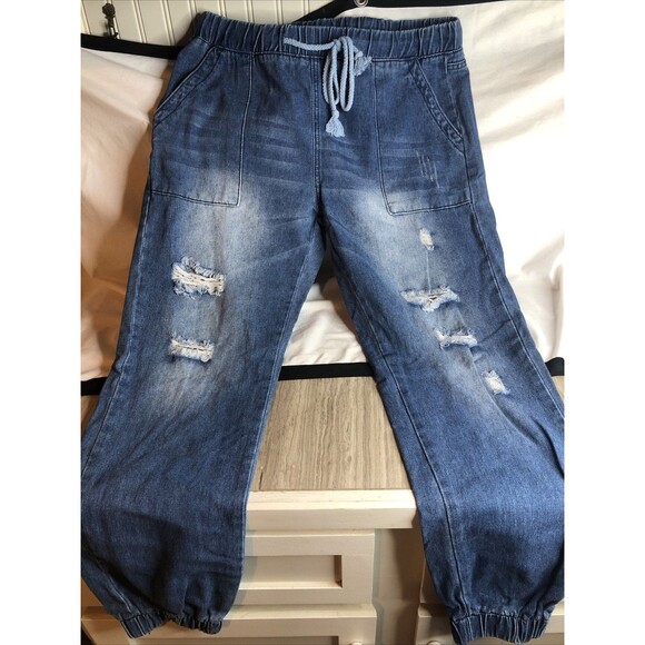 Womens Pull-on Distressed Blue Cotton Denim Joggers, Cargo Jeans Large - Picture 1 of 9